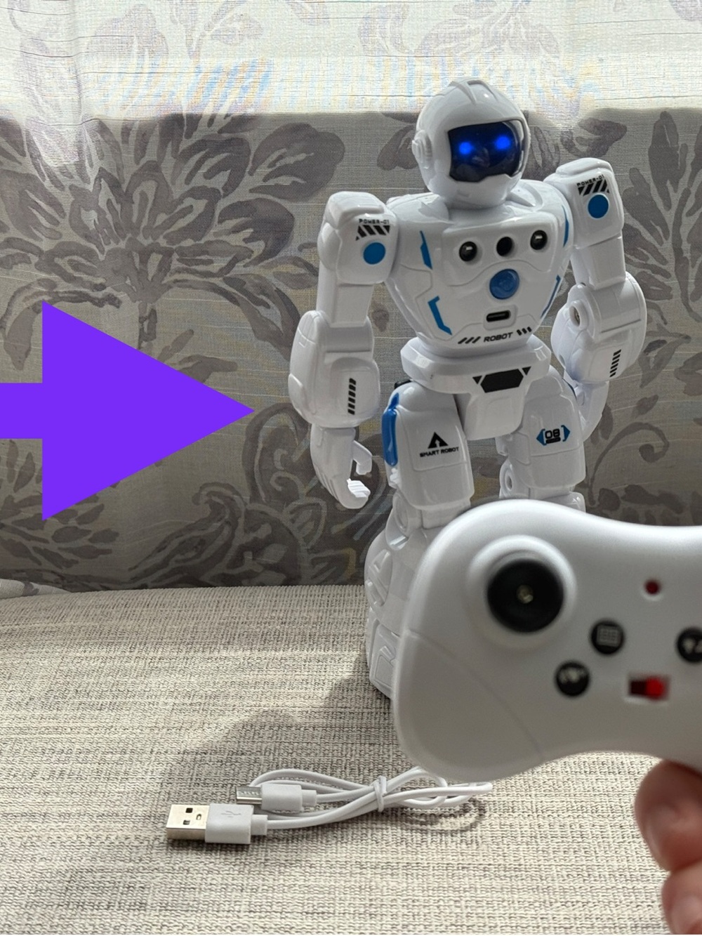 White Remote Control Robot Toy with Blue LED Accents